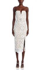 Charlotte White Floral Lace Strapless Midi Dress