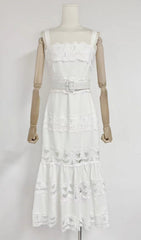 Everly Chic White Embroidered Lace Belted Midi Dress
