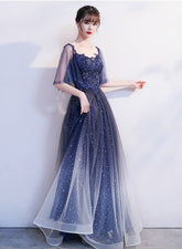Blue Gradient Long Formal Dress with Puffy Sleeves
