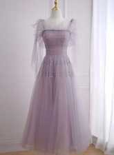 Beautiful Light Purple Tea Length Soft Tulle Party Dress