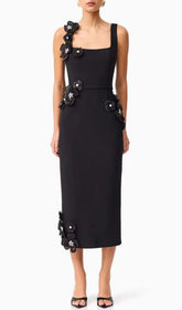 Harper Black Elegant 3D Floral Embellished Midi Dress