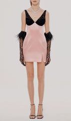Blush Pink Satin Mini Dress with Chic Lace & Feather Gloves Set
