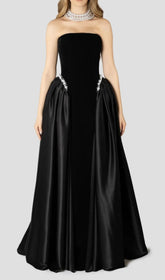 Diva Black Velvet & Satin Strapless Formal Gown with Pearl Embellishments