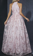 Dolores Elegant Pink Halter Embroidered Maxi Gown