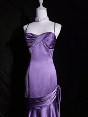 Vestido de noche largo con escote corazón y tirantes de sirena morado, vestido de fiesta de satén morado