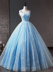 Blue Straps Tulle Floral Long Prom Dress