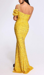 Ayn Dazzling Yellow Sequin One-Shoulder High Slit Maxi Gown