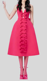 Chic Pink Bow-Front V-Neck A-Line Midi Dress