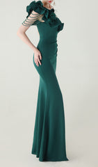 Ijlal Emerald Green One-Shoulder Ruffle Slit Maxi Gown