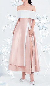 Dakota Elegant Blush Pink Off-Shoulder Slit Midi Dress
