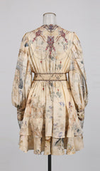 Ivano Chic Floral Print V-Neck Mini Dress with Pearl Embellishments & Long Sleeves