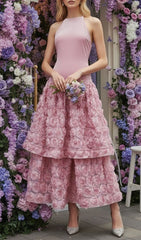 Jonila Romantic Pink Halter Midi Dress with Tiered 3D Rose Appliqu Skirt