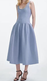 Faustine Elegant Pearl-Trim Knit Midi Dress