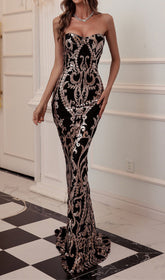 Carolena Elegant Black & Gold Strapless Sequin Mermaid Maxi Gown