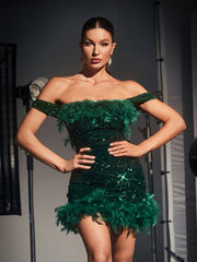 Dazzling Emerald Green Sequin Feather Mini Dress