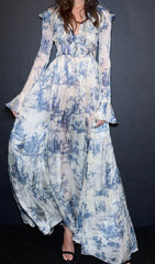 Cosma Romantic Blue Toile Floral Ruffled Maxi Dress