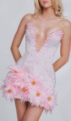 Hita Pink Strapless Beaded Floral Bandage Mini Dress