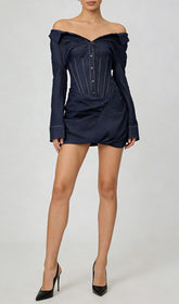 Jamila Off-Shoulder Long Sleeve Corset Denim Mini Dress