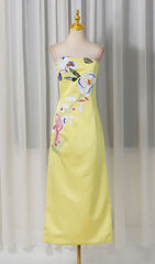 Jeneth Radiant Yellow Strapless Maxi Dress with Exquisite 3D Floral Appliqus