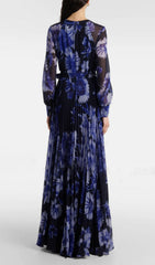 Hina Serene Blue Floral Pleated Long Sleeve Maxi Dress
