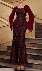 Honovi Dazzling Wine Sequin Long Sleeve Maxi Dress