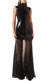Eliana Dazzling Black Sequin & Sheer Mesh Maxi Dress