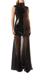 Eliana Dazzling Black Sequin & Sheer Mesh Maxi Dress