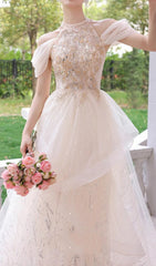 Chione Dazzling Champagne Halter Sequin Mesh Maxi Dress with Romantic Off-Shoulder Sleeves