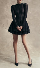 Colt Black Sheer Knit Long Sleeve Ruffle Mini Dress
