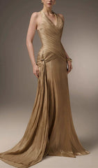 Evonnia Luxe Gold Halter V-Neck Ruched Maxi Gown