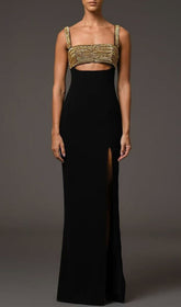 Dulcia Black & Gold Rhinestone Cut-Out Bandage Maxi Dress