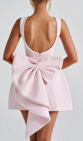 Glamorous Pink Backless Pearl Bow Satin Mini Dress