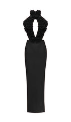 Black Halter Neck Floral Applique Maxi Dress