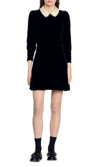 Paola Elegant Black Velvet Mini Dress with Detachable Pearl Collar