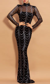 Glamorous Black Sequin Illusion Sleeve High-Neck Maxi Dress