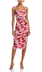 Baki Vibrant Floral Ruched Midi Dress with Spaghetti Straps