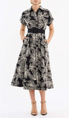 Davan Black & White Floral Belted Midi Shirtdress with Pockets
