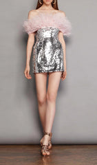 Sparkling Feather & Sequin Strapless Mini Dress