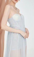 Fintan Ethereal Blue Strapless Mesh & Lace Maxi Dress