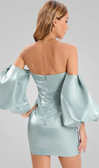 Alexandrine Glamour Puff Sleeve Off-Shoulder Satin Mini Dress