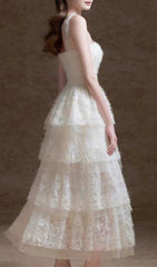 Elfreda White Tiered Lace Midi Dress with Illusion Neckline