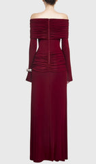 Stunning Gala Wine Off-Shoulder Ruched Maxi Dress