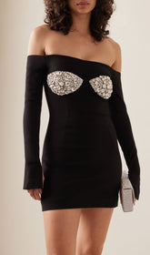 Glamorous Black Off-Shoulder Crystal Bustier Mini Dress