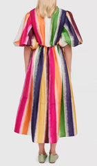 Erix Vibrant Rainbow Stripe Puff-Sleeve Midi Dress