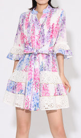 Erast Whimsical Wisteria Floral Tiered Mini Dress with Eyelet Lace Trim