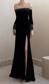 Breena Black Velvet Pearl Off-Shoulder Maxi Gown with High Slit
