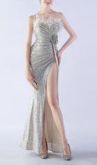 Dazzling Silver Sequin Feather Maxi Dress with High Slit & Rosette