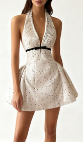 Isamar Chic Polka Dot Halter V-Neck Mini Dress