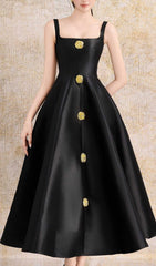 Gordie Elegant Black A-Line Midi Dress with Gold Button Embellishments