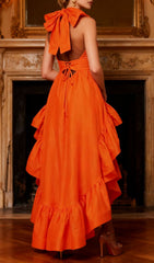 Ishik Vibrant Orange Halter High-Low Maxi Dress